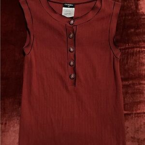 CHANEL Red Knit Top with Button Detail